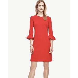 $119 ANN TAYLOR Fluted Dress Knee Length Bell Sleeve 3/4 NEW Red Stretch 6